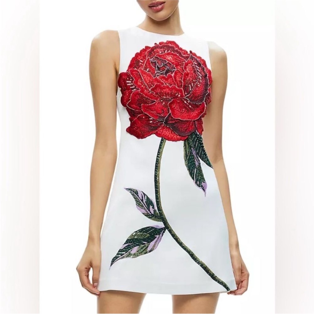 Nwt Alice & Olivia Clyde Embellished Rose Le Parisien Lined Sl Dress Size 2